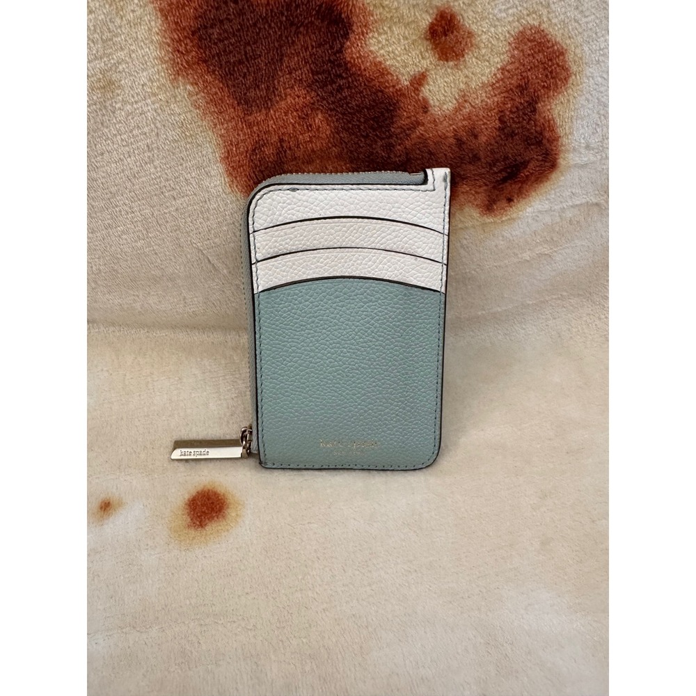 Kate Spade Margaux Zip Cardholder Leather Mint Blue White PWRU7159 Key Ring